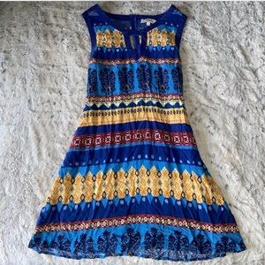 Vintage Blue and Yellow Patterned Sleeveless Dress